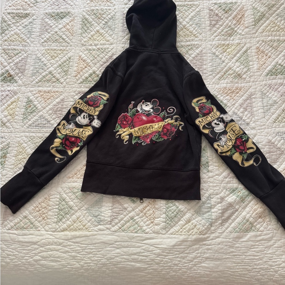 RARE Disney Parks Mickey Mouse Tattoo Roses Hoodie Zip-Up w/Embellishments Sz.S - Picture 7 of 8